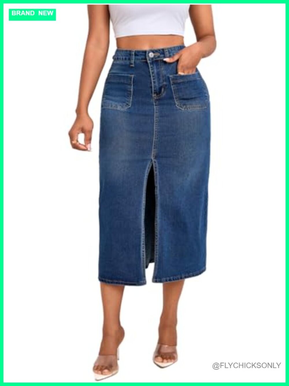 High Waist Stretch Denim Midi Skirt with Pockets Button Front